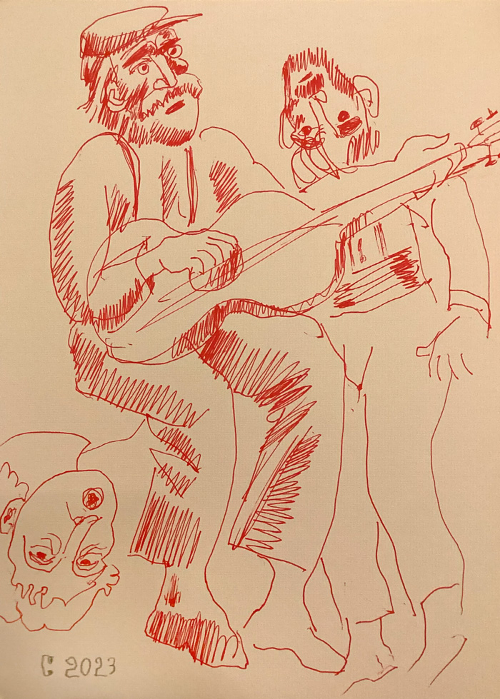 "Rebetiko Company of Margellos", drawing, Stamatis Skliris, 2023