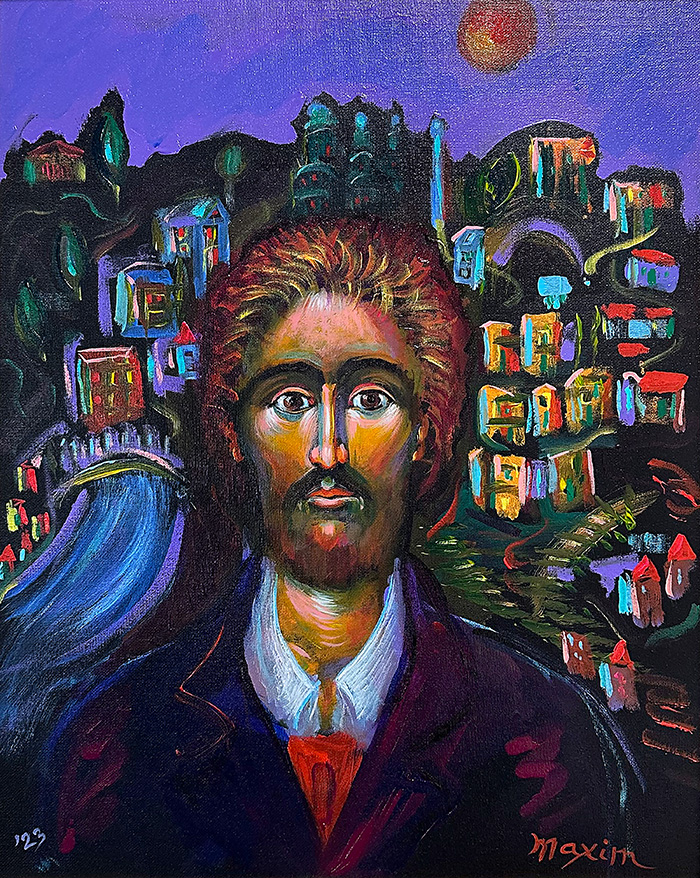 "Violet Reverie: Prince Myshkin's Divine-Human Insight", acrylic on canvas, Bishop Maxim, 2023