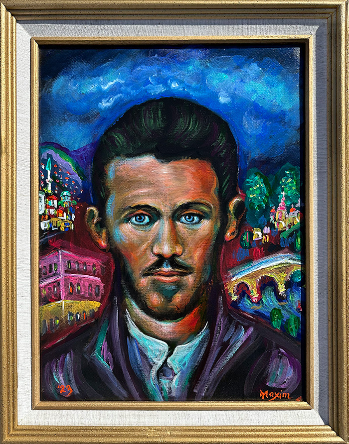 "A Revolutionary’s Gaze: Gavril Princip Reimagined", acrylic on canvas, Bishop Maxim, 2023