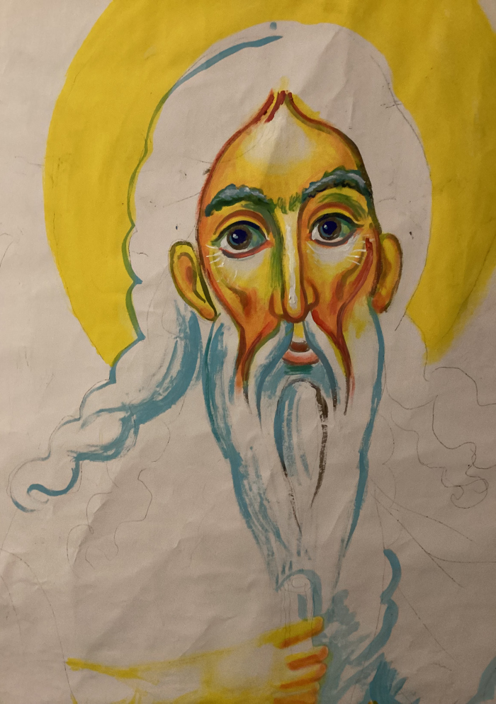 Prophet Elijah, wall painting, Saint Paraskevi (Saint Petka) Church in Pozarevac, in progress, Stamatis Skliris